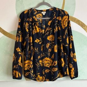 J. Crew Factory Navy and Gold Floral Blouse